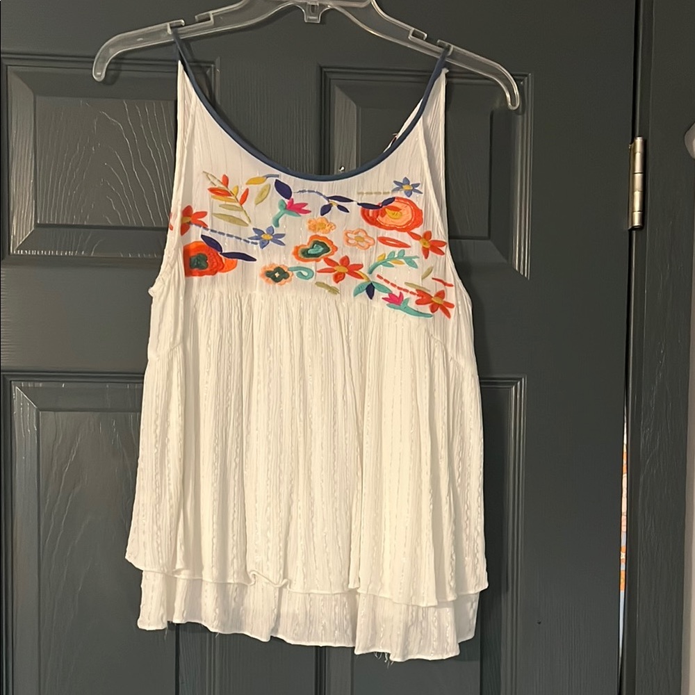 Cream and Orange Pleated Embellished Sleeveless Tank Top